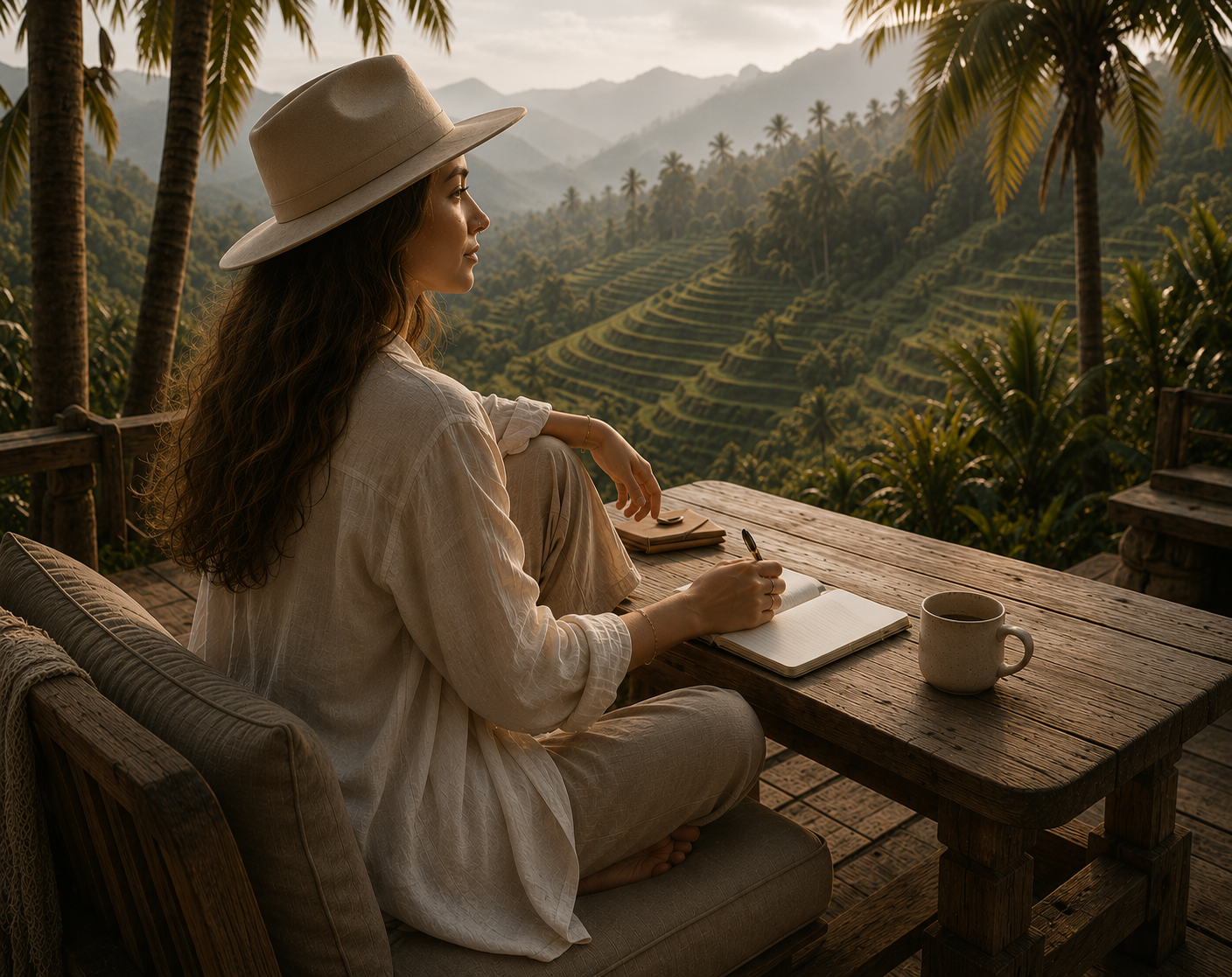 Deni writing in a journal on a terrace above the rice fields